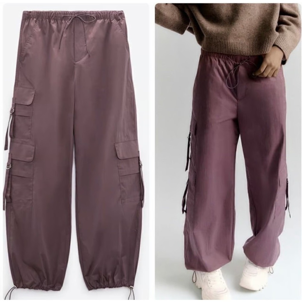 Zara Womens Mauve Cargo Parachute Pants Elastic Waist Multi Pocket Size M